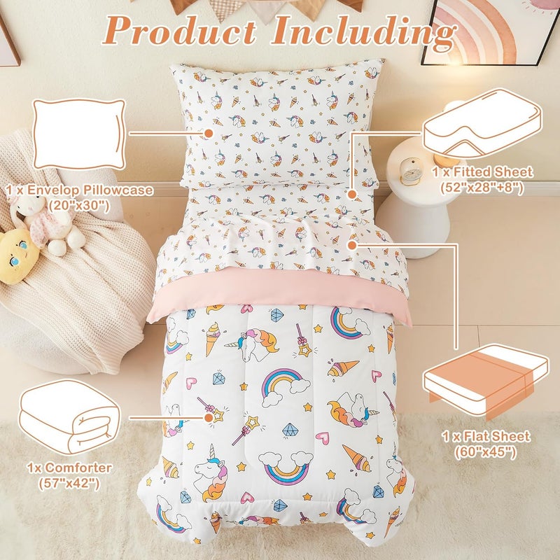 Mooreeke 4 Pieces Toddler Bedding Set - Soft Unicorn Rainbow Toddler Comforter Sets for Girls, Includes Quilted Comforter, Flat Sheet, Fitted Sheet and Pillowcase, Bed in A Bag for Baby Bedroom - Image 2